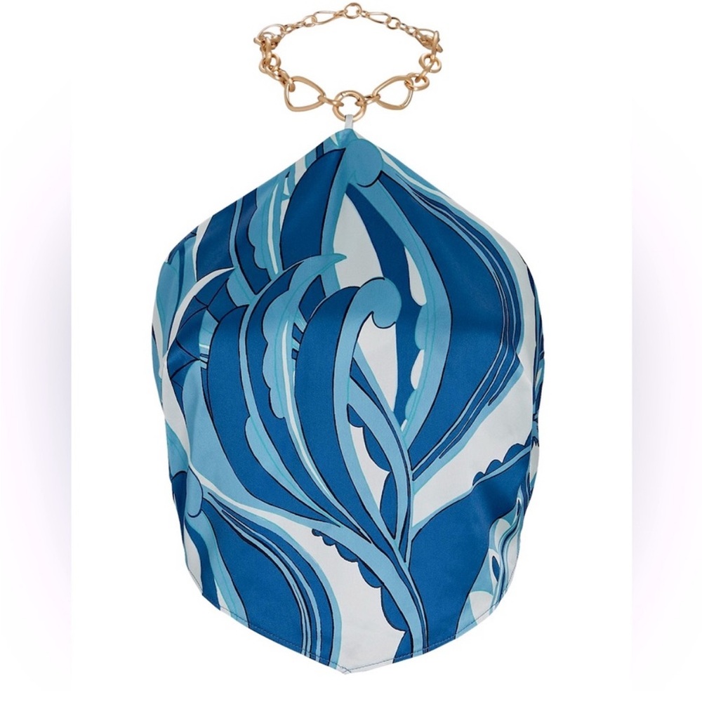 NWT Cult Gaia Olivine Backless Gold Chain Detail Halter Crop Top Paisley Blue M - Picture 4 of 9